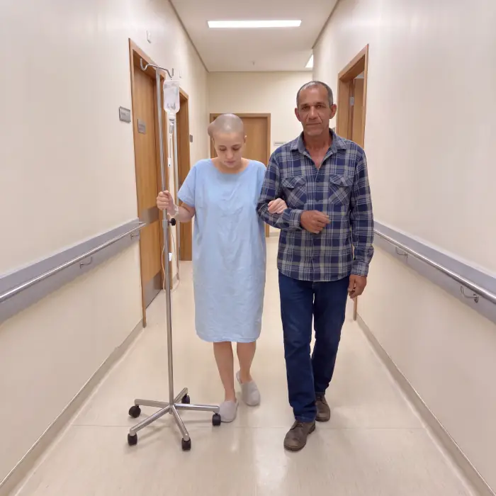 Ela andando pelo corredor do hospital segurando o suporte do soro, amparada pelo pai